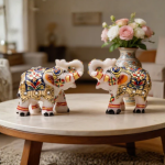 Indian Handicraft Marble Elephant Statue Pair [High Quality Marble] - Hand Carved & Hand Painted [Exclusive]
