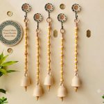 Handcrafted Ceramic Bell Wall Hanging with Decorative Floral Mandala Wall Hooks & Wooden Beads | Boho Handmade Home Décor Hanging for Entrance, Living Room, Balcony, Temple & Door | Set of 5