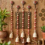 Handcrafted Ceramic Bell Wall Hanging with Decorative Floral Mandala Wall Hooks & Wooden Beads | Boho Handmade Home Décor Hanging for Entrance, Living Room, Balcony, Temple & Door | Set of 5