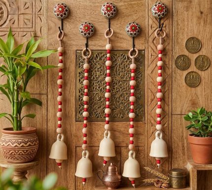Handcrafted Ceramic Bell Wall Hanging with Decorative Floral Mandala Wall Hooks & Wooden Beads | Boho Handmade Home Décor Hanging for Entrance, Living Room, Balcony, Temple & Door | Set of 5