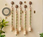 Handcrafted Ceramic Bell Wall Hanging with Decorative Floral Mandala Wall Hooks & Green Wooden Beads | Handmade Boho Home Décor Hanging for Entrance, Living Room, Balcony, Temple & Door | Set of 5