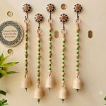 Handcrafted Ceramic Bell Wall Hanging with Decorative Floral Mandala Wall Hooks & Green Wooden Beads | Handmade Boho Home Décor Hanging for Entrance, Living Room, Balcony, Temple & Door | Set of 5