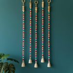 Blessing Macrame with Ceramic Bell Hanging Ornament and Hooks | Boho Macrame Design Wall Decoration for Diwali, Home, Balcony | (Set of 5)