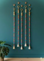 Blessing Macrame with Ceramic Bell Hanging Ornament and Hooks | Boho Macrame Design Wall Decoration for Diwali, Home, Balcony | (Set of 5)