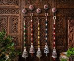 Handcrafted Printed Ceramic Bell Wall Hanging with Floral Mandala Hooks & Wooden Beads | Boho Home Décor | Set of 5