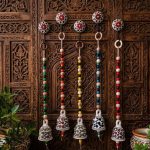 Handcrafted Printed Ceramic Bell Wall Hanging with Floral Mandala Hooks & Wooden Beads | Boho Home Décor | Set of 5