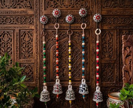 Handcrafted Printed Ceramic Bell Wall Hanging with Floral Mandala Hooks & Wooden Beads | Boho Home Décor | Set of 5