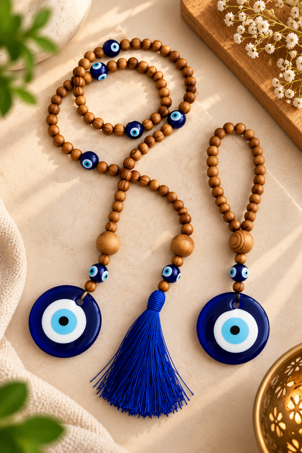 1000685577 Handcrafted Blue Evil Eye & Wooden Bead Wall Hanging - Image 1